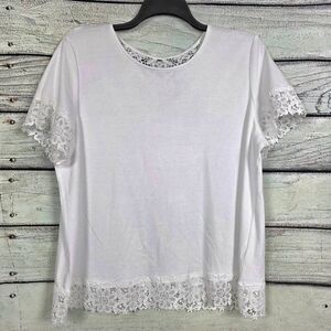 Alfred Dunner White Floral Lace Trim Top Short Sleeve XL